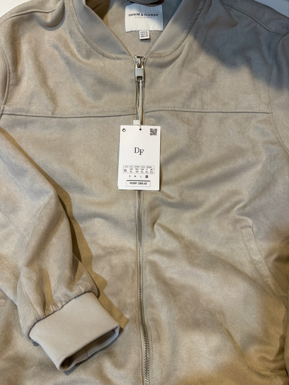 NWT Men’s Denim & Flower Taupe Suede-Feel Bomber Jacket